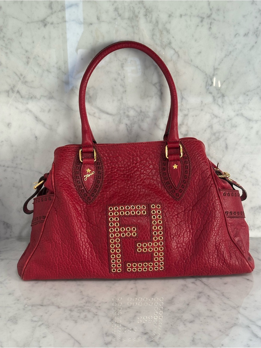 Fendi Red Leather Stud-Detail Satchel